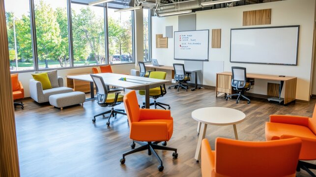 A modern collaborative workspace with movable desks, whiteboards, and comfortable seating, designed to facilitate teamwork.
