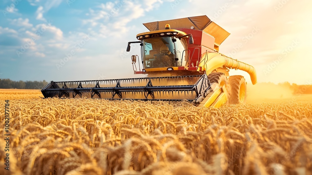 Poster Close up detailed shot of a powerful modern combine harvester cutting through a vast expanse of golden wheat fields showcasing the efficiency and automation of large scale agricultural production