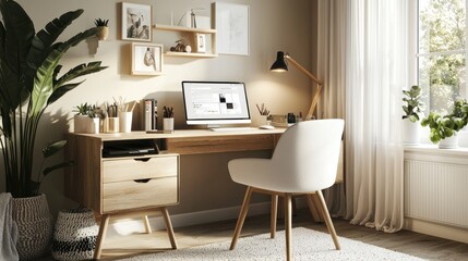 A modern home office workspace with Scandinavian-style furniture, soft lighting, and a laptop open on the desk.