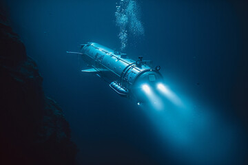 Obraz premium Beautiful large bathyscaphe floating in middle of ocean during exploration