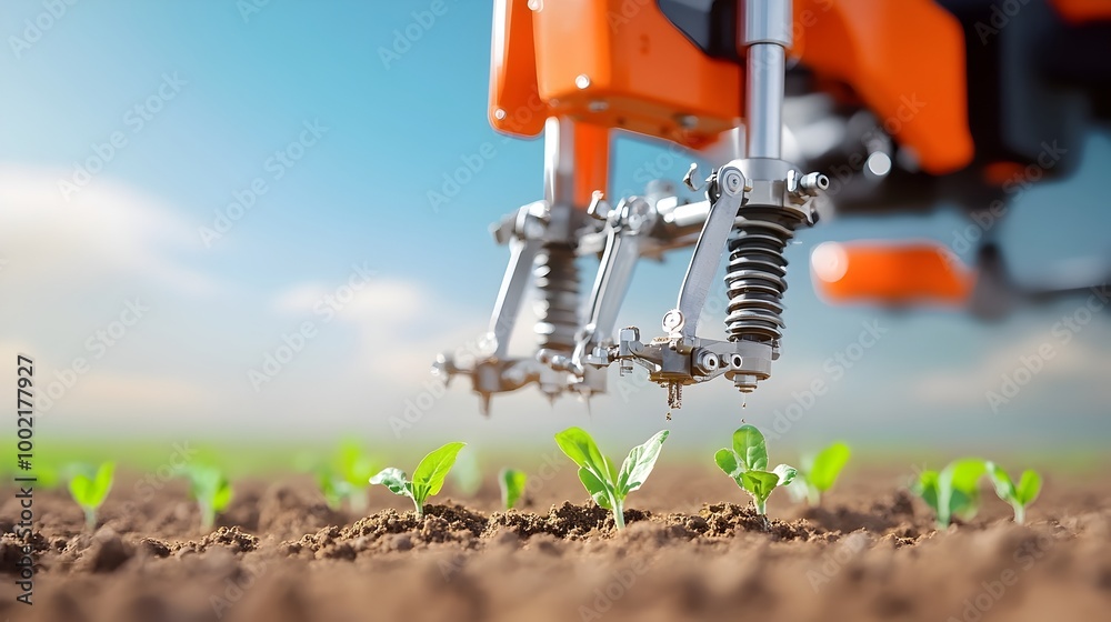 Poster close up detailed view of the metal components and mechanism of a precision seeder as it carefully p