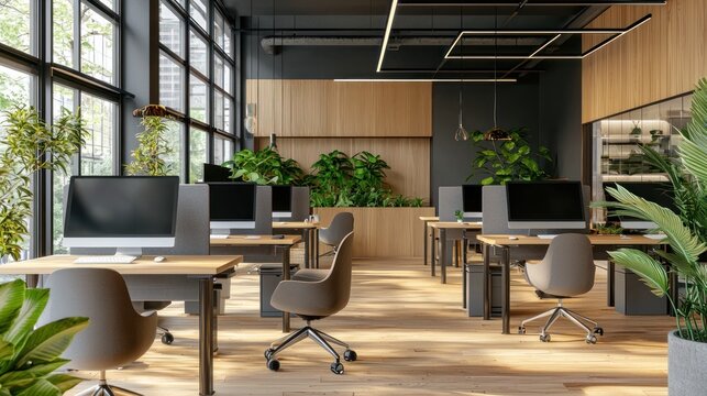 A modern shared workspace with individual desks, comfortable chairs, and plants creating a pleasant working environment.