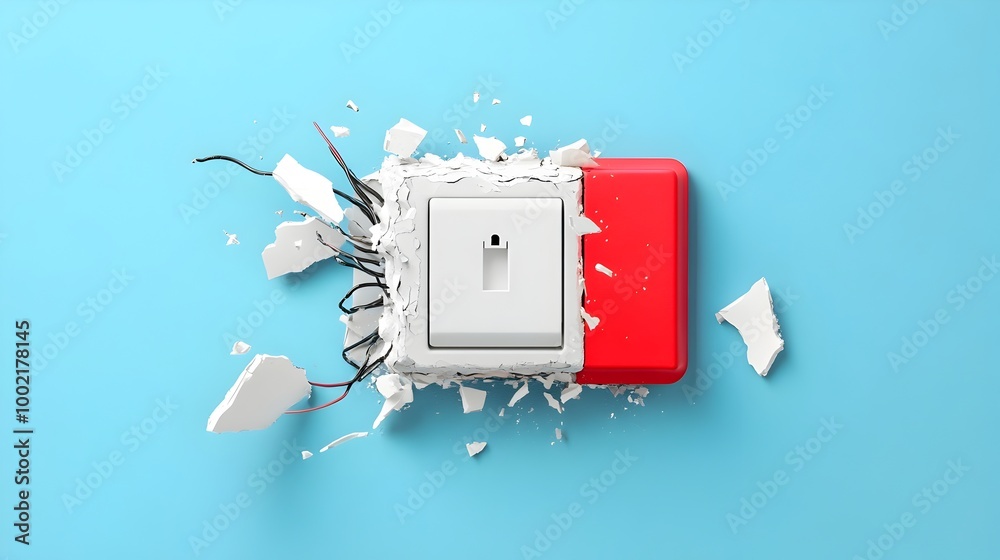 Poster close up of a broken light switch with its cracked plastic cover exposing the inner wires and electr