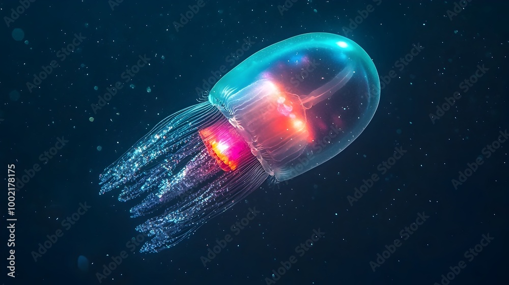Poster close up of a captivating comb jelly its transparent body shimmering with a mesmerizing array of rai