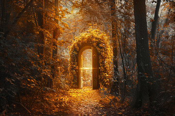 Fototapeta premium A fantastically beautiful door in forest leading to the unknown