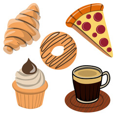 set of cafetaria food and drink vector illustration consists of coffee, croissants, donuts, cupcakes and pizza slices