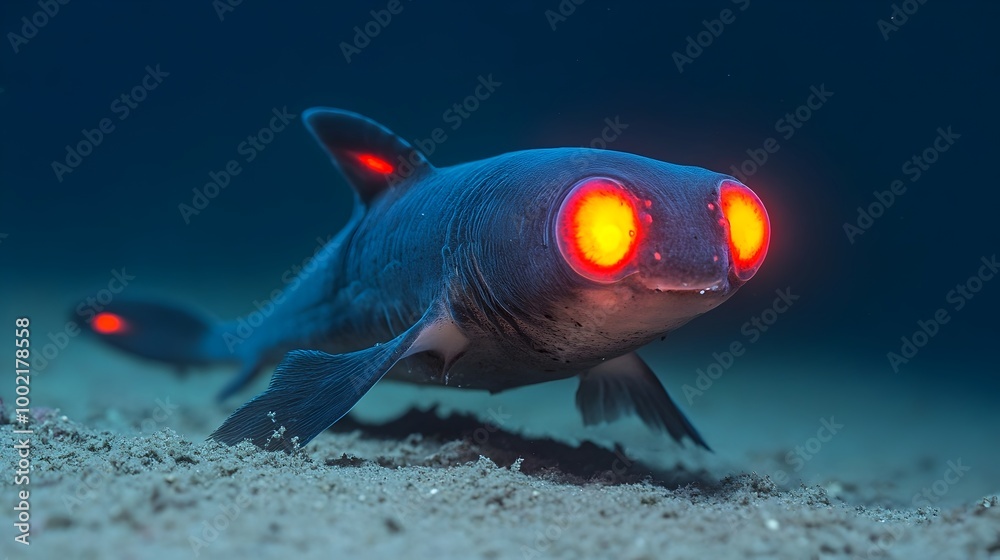 Poster close up of a glowing eyed ghost shark also known as a chimaera swimming in the mysterious and eerie