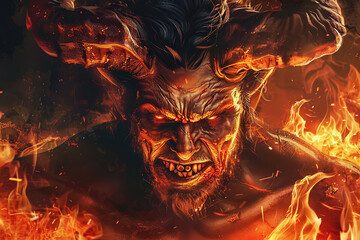 Scary sinister devil is in hell with dramatic fire lighting on the background