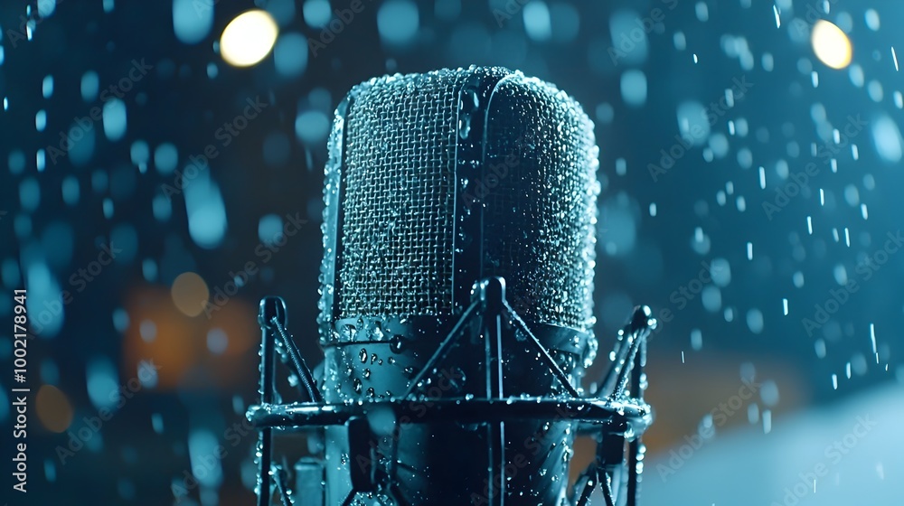 Leinwandbilder close up of a microphone covered in droplets of condensation in a foggy chilled atmosphere the moist