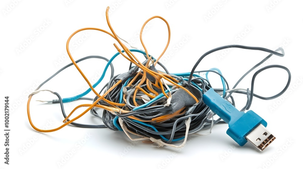 Poster close up of a tangled and frayed charging cable isolated on a clean white background the once functi