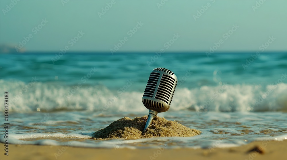 Aufkleber close up of a vintage microphone half buried in the sand at the edge of a tranquil beach with gentle