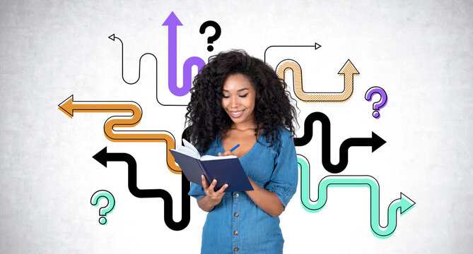 African woman take notes, arrows with different direction and choice