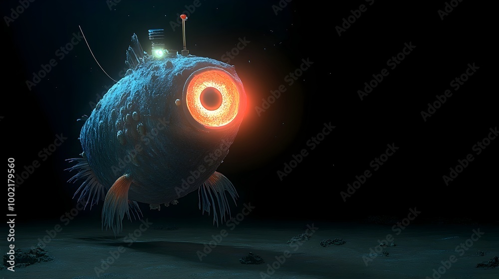 Poster close up of an anglerfish with its glowing lure illuminating the dark abyssal depths of the ocean re