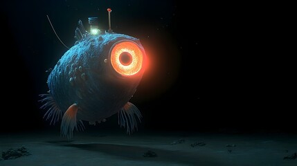 Close up of an anglerfish with its glowing lure illuminating the dark abyssal depths of the ocean revealing its bizarre and menacing features as it lurks and waits to ambush its prey