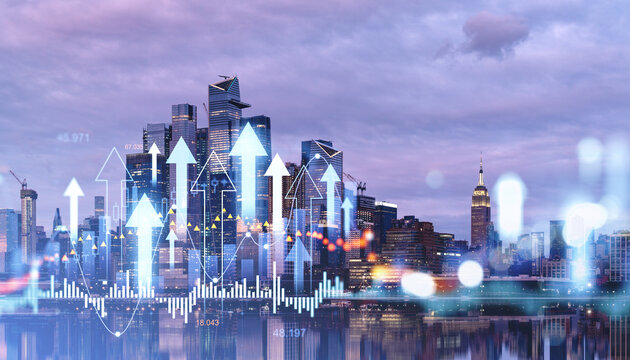 Cityscape with modern skyscrapers and upward arrows representing financial growth and stock market success. Purple sky background. Concept of business and financial prosperity - Powered by Adobe