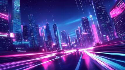 Fototapeta premium ネオンが輝くビル街の道路