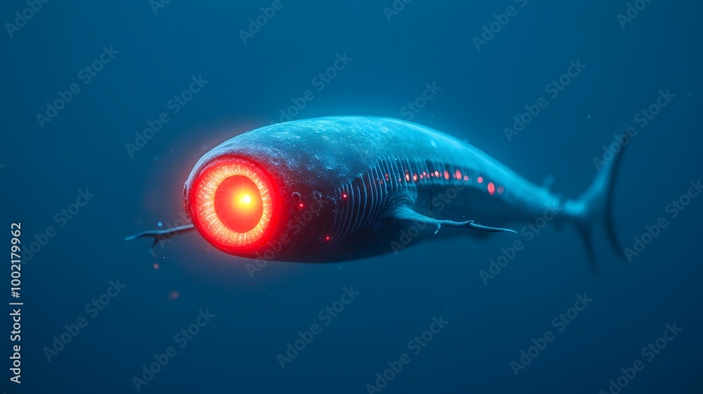 Poster Close up photograph of a cookiecutter shark s distinctive circular mouth revealing its sharp teeth and bioluminescent glowing belly in the dark ocean environment