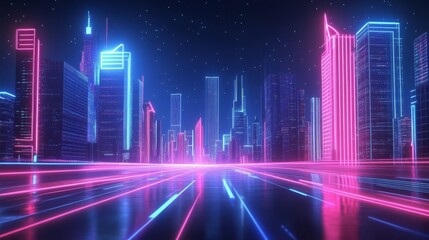 ネオンが輝くビル街の道路