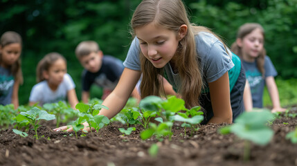 Students learning outdoors in forest, hands-on activities such as environmental science experiments, Ai