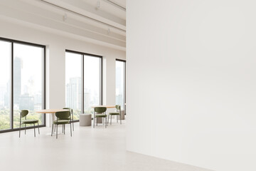 Empty office space with blank wall and modern furniture in front of large windows. 3D Rendering