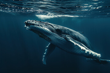 Fototapeta premium Fantastically beautiful majestic huge whale in ocean