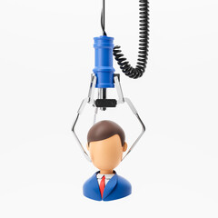 Human resource selection concept with mechanical claw picking figure. 3D Rendering