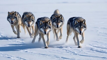 Experience the thrill of the hunt with this stunning image of a pack of wolves navigating the frozen wilderness.