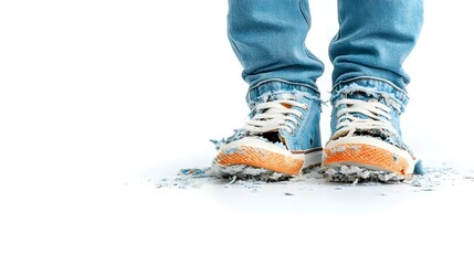 Close up shot of a worn out pair of denim jeans with large holes frayed edges and a vintage distressed appearance against a plain white background  The jeans showcase the effects of age wear and tear