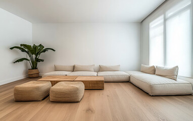 Cozy minimalist living room featuring light-colored furniture and large windows with a soothing indoor plant