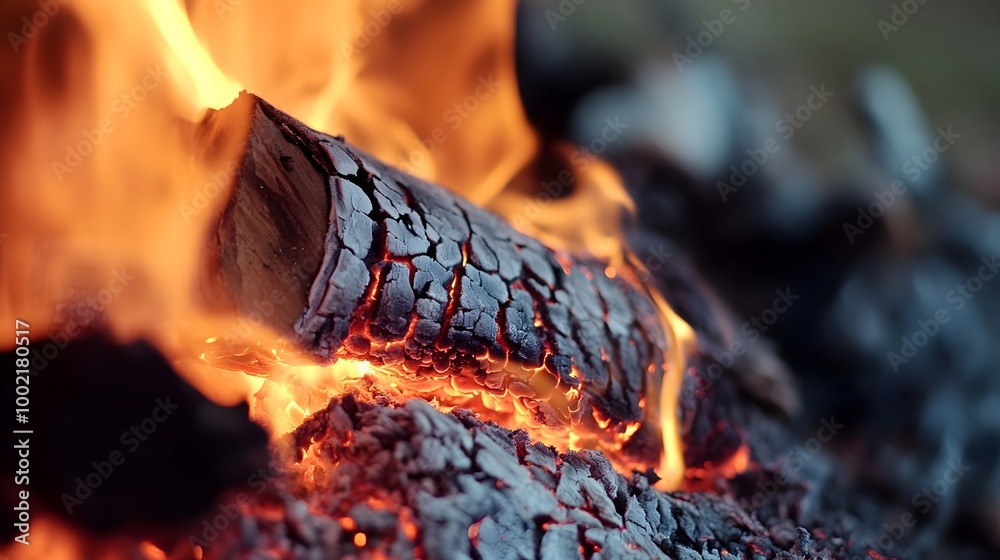 Aufkleber close up view of a burning log crackling and glowing in the intense heat and flames of a raging fore