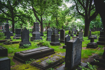 A fantastically mysterious cemetery with tombstones and scary atmosphere