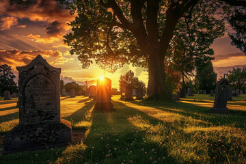 A fantastically mysterious cemetery with tombstones and scary atmosphere