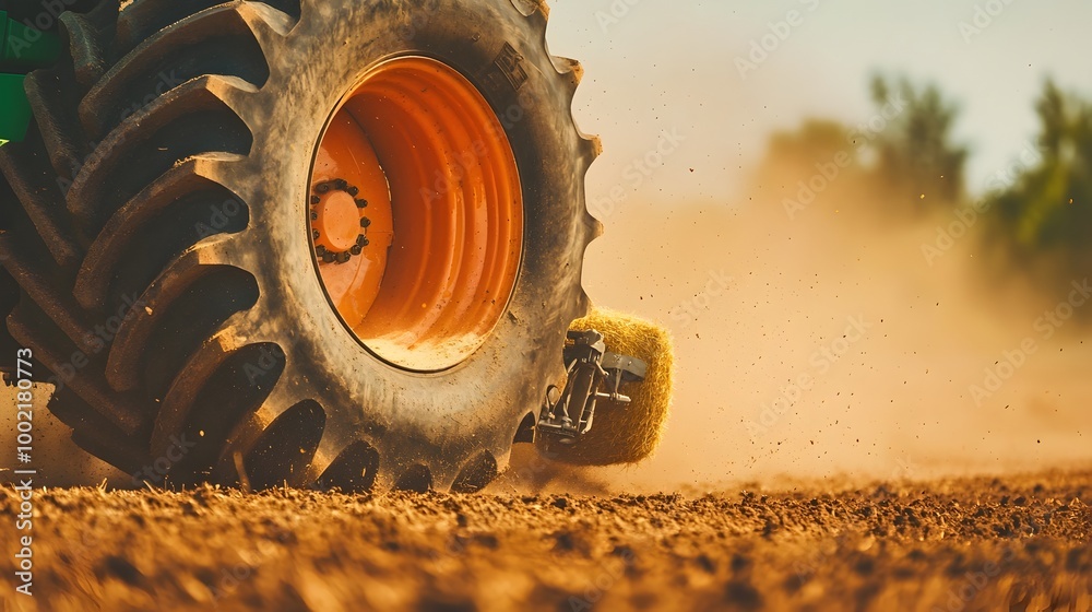 Poster Close up view of a farm tractor s power take off PTO shaft securely connected to a baling machine in a rustic dusty agricultural setting