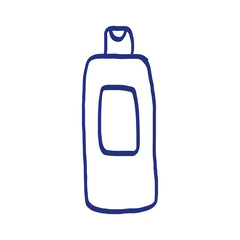 Cosmetics bottle with shampoo or balm. Hairdressing equipment. Hand drawn sketch. Blue pen or marker drawing. Primitive kids picture. Vector illustration