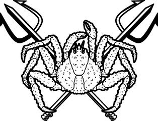 Crab and two crossed tridents. Design element for emblem, sign, badge, poster. Vector illustration