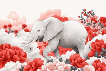 A graceful elephant walking amidst vibrant red flowers in a serene landscape.