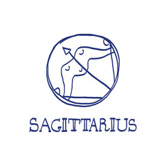 Sagittarius zodiac sign. Hand drawn sketch. Blue pen or marker drawing. Astrological calendar, zodiacal round. Vector horoscope