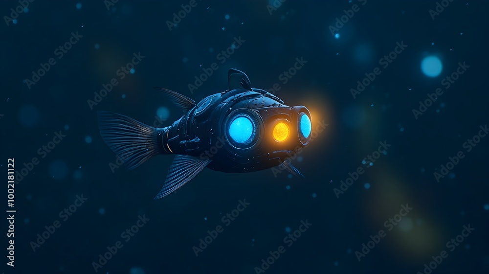 Poster Close up view of a glowing flashlight fish with luminescent bioluminescent patches beneath its eyes which it uses for communication and signaling in the deep sea environment