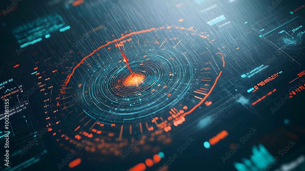 Poster Close up view of a high tech radar screen used in weather forecasting displaying detailed information about rain intensity and precipitation patterns for analytical purposes