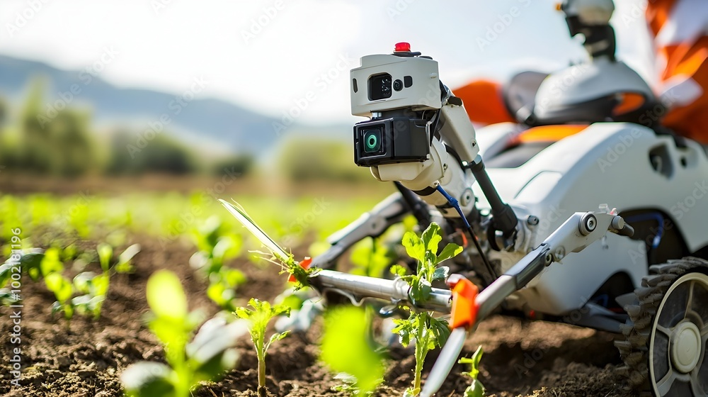 Aufkleber Close up view of a high tech robotic weeder equipped with and blades precisely and efficiently trimming unwanted plants and vegetation in an agricultural field