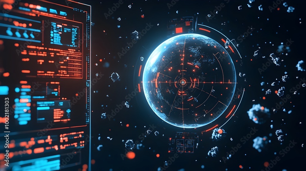 Aufkleber Close up view of a highly detailed radar display screen monitoring and tracking space debris and objects orbiting the Earth