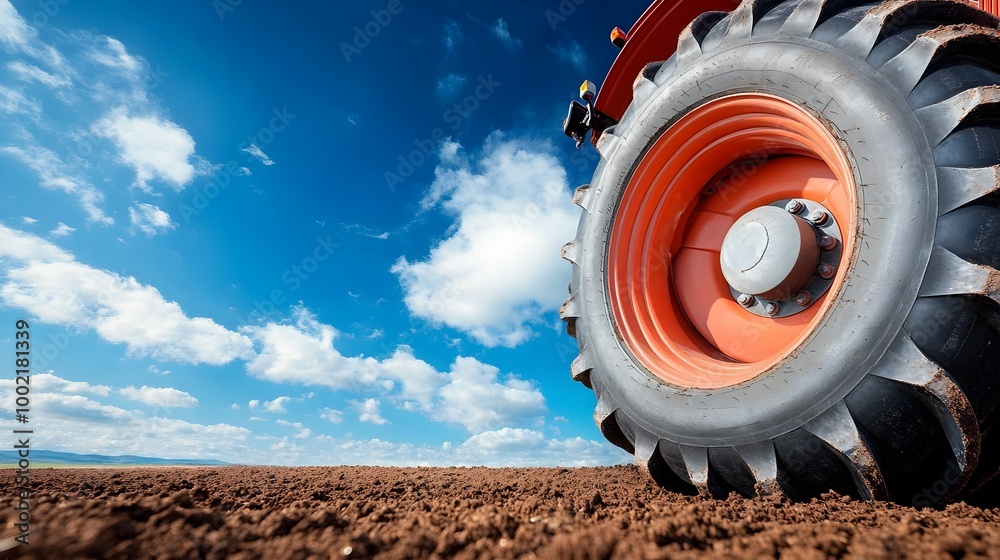 Poster close up view of a large sturdy tractor tire resting on the freshly plowed soil of a rural agricultu