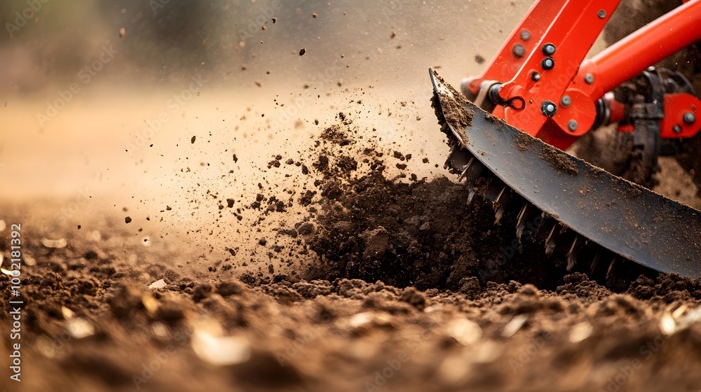 Poster close up view of a metal plow blade sharply cutting into the soil causing dirt and debris to scatter