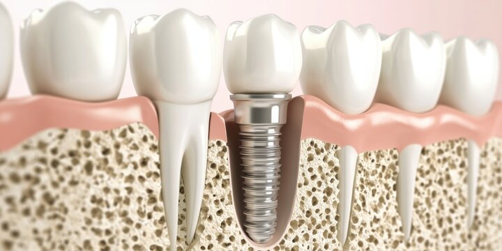 Close-up of dental implant demonstrating modern tooth replacement technology. Oral health.