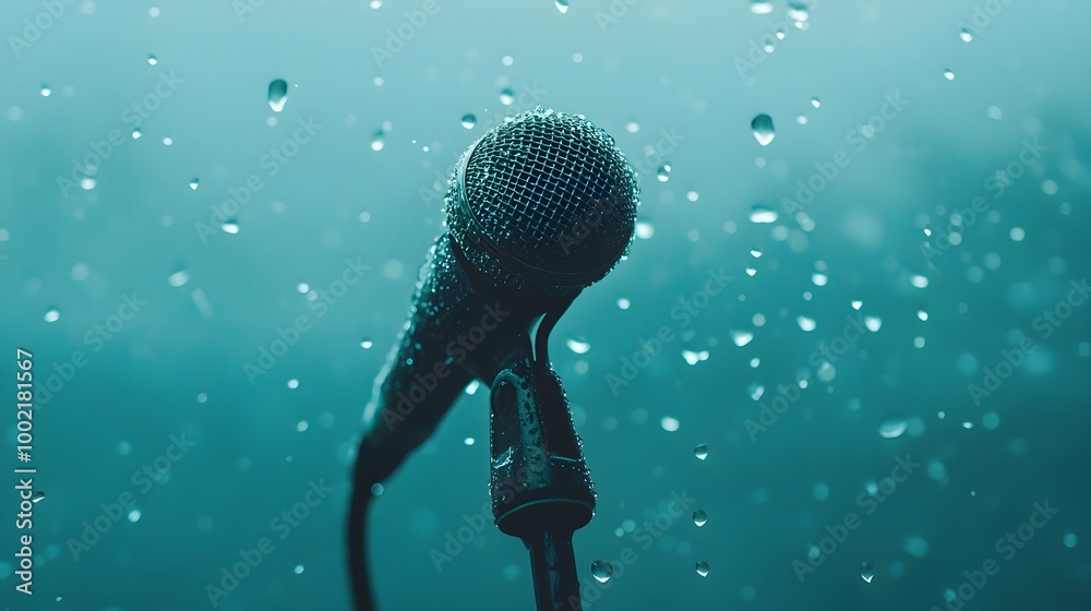 Fototapete Close up view of a professional microphone covered in droplets of condensation surrounded by a chilled foggy atmosphere creating a unique and captivating setting for audio recording broadcasting
