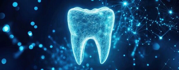 Glowing tooth in digital network representing future of dental care, with modern technology ensuring brighter and healthier smiles through innovative techniques.