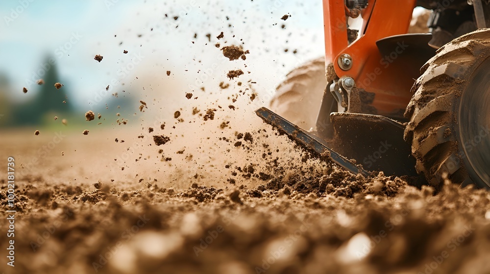 Poster close up view of a metal plow blade slicing through rich dark soil causing a shower of dirt and debr