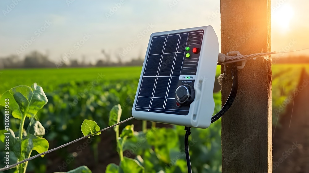 Poster close up view of a solar powered irrigation controller mounted on a fence in a farm or rural agricul