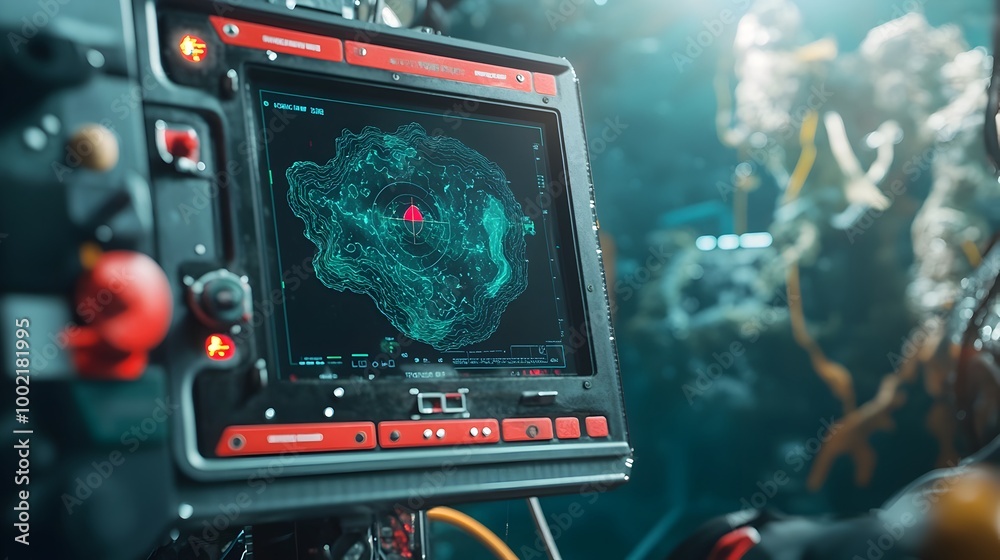 Poster Close Up View of a Sonar Radar Screen Displaying Intricate Underwater Topographical Details for Marine and Hydrographic Survey
