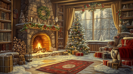 Obraz premium Vintage Christmas card with a cozy scene. illustration.